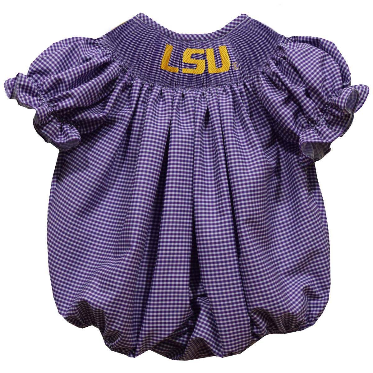 Vive La Fete - LSU Tigers Smocked Purple Gingham Short Sleeve Girls Bubble