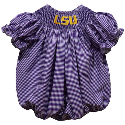 Vive La Fete - LSU Tigers Smocked Purple Gingham Short Sleeve Girls Bubble