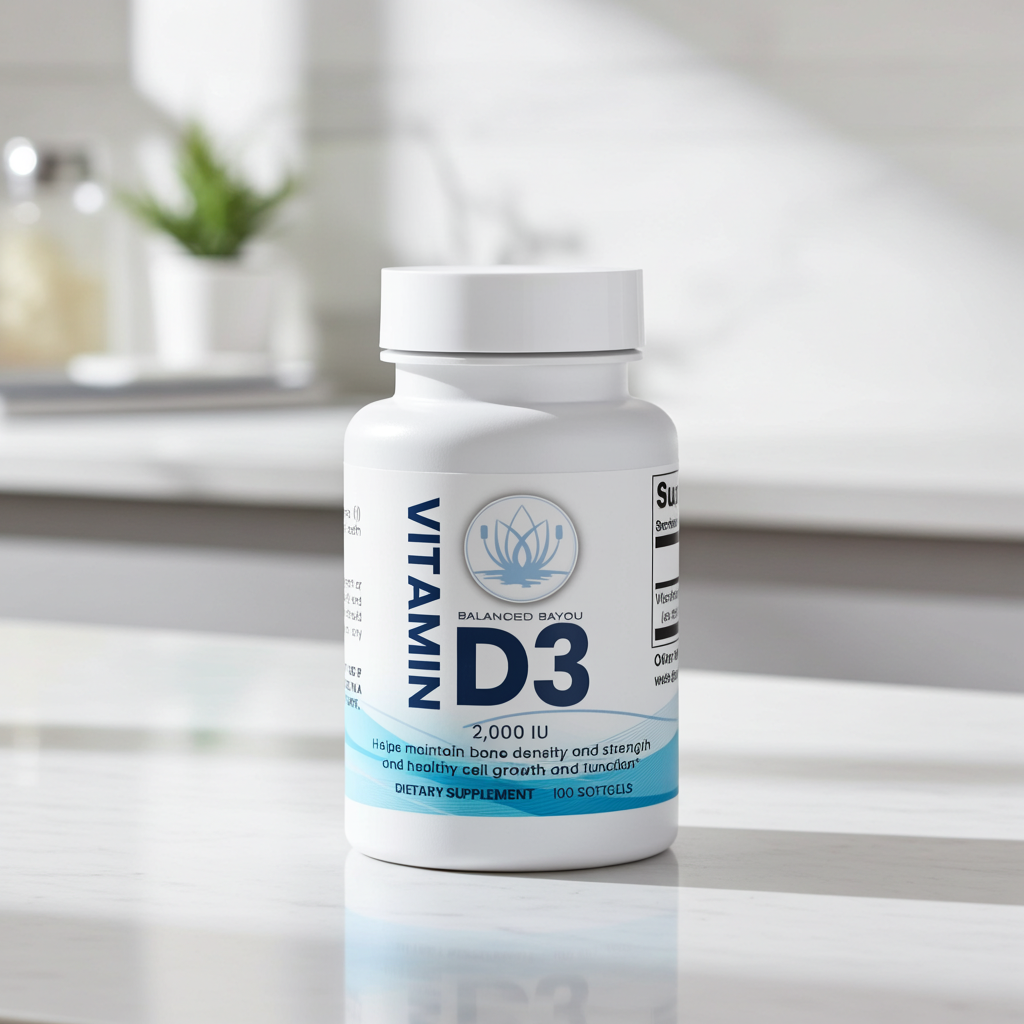 A white bottle of Balanced Ravu Vitamin D3 dietary supplement, 2,000 IU, standing on a light marble countertop with a softly blurred kitchen background.