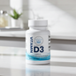 A white bottle of Balanced Ravu Vitamin D3 dietary supplement, 2,000 IU, standing on a light marble countertop with a softly blurred kitchen background.