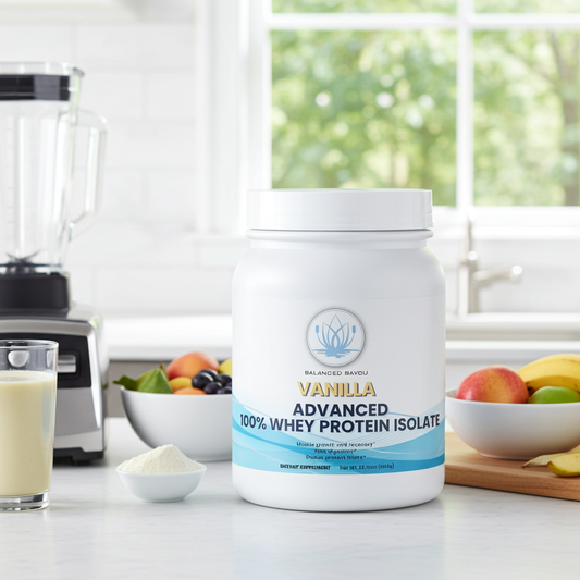 A white tub of Balanced RDX Vanilla Advanced 100% Whey Protein Isolate stands on a kitchen counter with a blender, fruit bowls, and a glass of milk nearby, set against a bright kitchen background.