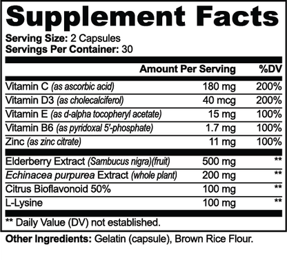 A black-and-white Supplement Facts label showing serving size 2 capsules, 30 servings per container, with listed vitamins and ingredients including Vitamin C, Vitamin D3, Vitamin E, Vitamin B6, Zinc, Elderberry Extract, Echinacea purpurea, Citrus Bioflavonoid 50%, and L-Lysine.