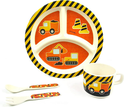 🚧 Construction Trucks 4-Piece Kids Dinnerware Set – Eco-Friendly, Biodegradable Plant Fiber Plate, Cup, Fork & Spoon – BPA-Free, Microwave & Dishwasher Safe – Gift Boxed for Toddlers & Boys