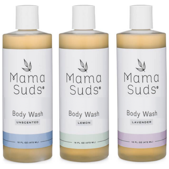 Three bottles of Mama Suds Body Wash in unscented, lemon, and lavender scents on a white background.
