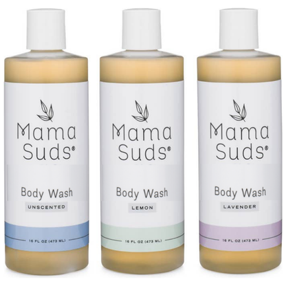 Three bottles of Mama Suds Body Wash in unscented, lemon, and lavender scents on a white background.