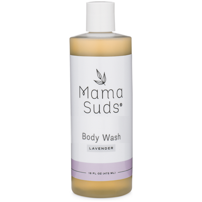 Mama Suds lavender body wash bottle on a white background