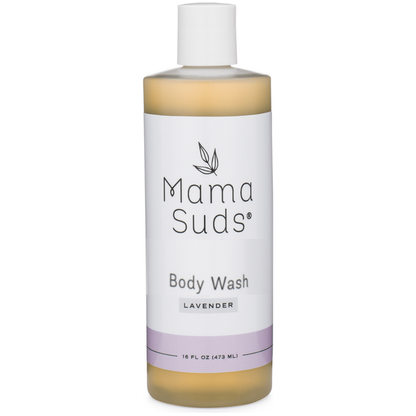 Mama Suds lavender body wash bottle on a white background