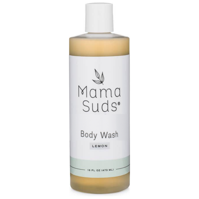 Mama Suds lemon body wash bottle on a white background