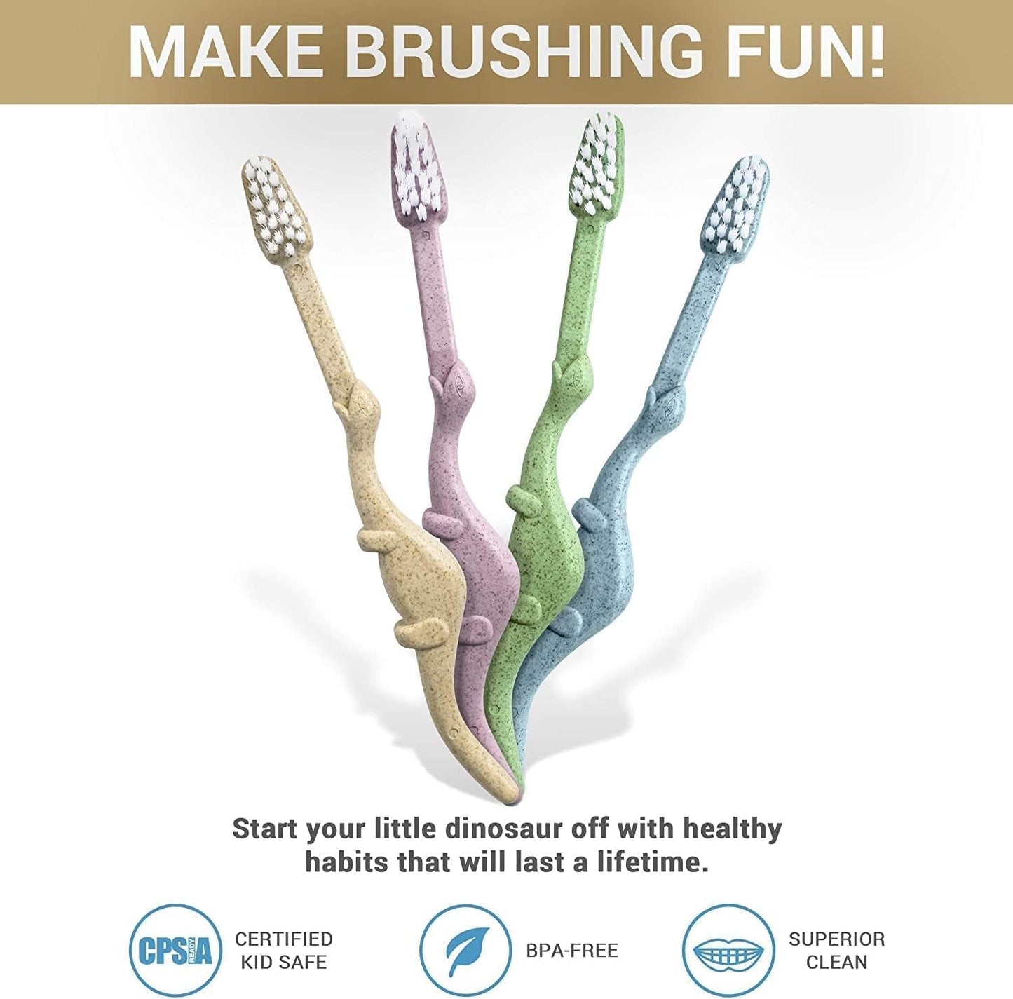 ® All-Natural Eco Friendly Kids Toothbrush Made from Plants - Dinosaurs 4-36M - Baby to Toddler - Blue/Green - 4Pk | 1% for the Planet Product