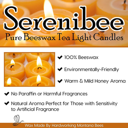 Serenibee 100% Pure Montana Beeswax Tealight Candles – Handmade, Unscented, Eco-Friendly with Reusable Steel Cup & Cotton Gift Bag (Set of 1 or More)