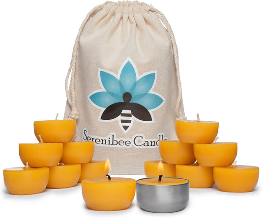 Serenibee 100% Pure Montana Beeswax Tealight Candles – Handmade, Unscented, Eco-Friendly with Reusable Steel Cup & Cotton Gift Bag (Set of 1 or More)