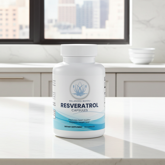 A white bottle of Resveratrol capsules from Balanced Bayou stands on a white countertop in a bright kitchen setting with a window and city view in the background.