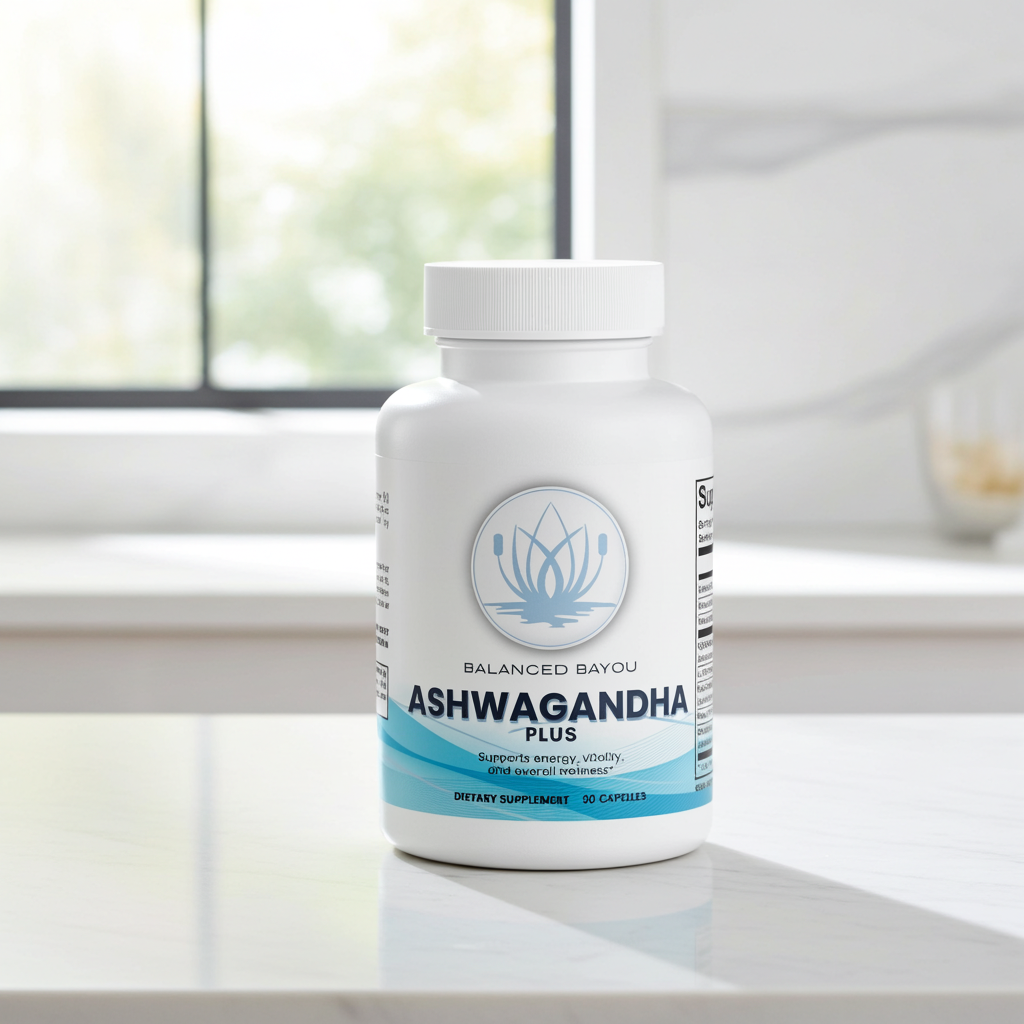 A white bottle of Balanced Bayou Ashwagandha Plus dietary supplement, placed on a light marble countertop with a blurred kitchen background.