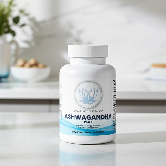 A white bottle of Balanced Bayou Ashwagandha Plus dietary supplement, set on a light marble countertop with a softly blurred kitchen background.