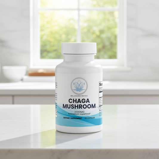 A white bottle of Balanced Reviv Chaga Mushroom dietary supplement capsules, set on a light marble countertop with a blurred kitchen background.