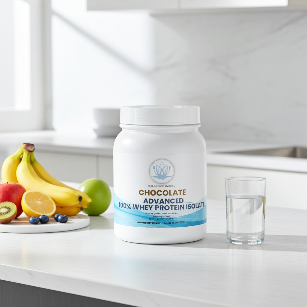 A white tub of Chocolate Advanced 100% Whey Protein Isolate by Pure Encapsulations sits on a white kitchen countertop, styled with fresh fruit and a glass of water in a bright, modern kitchen setting.