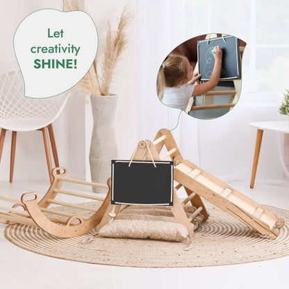 Pikler Triangle Set for Toddlers: Triangle Ladder + Climbing Arch + Slide Board + Cushion