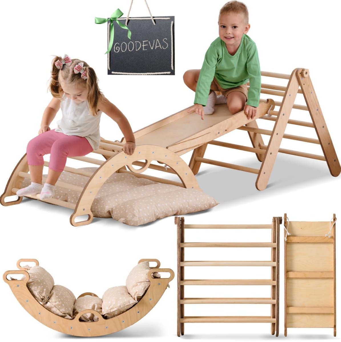 Pikler Triangle Set for Toddlers: Triangle Ladder + Climbing Arch + Slide Board + Cushion