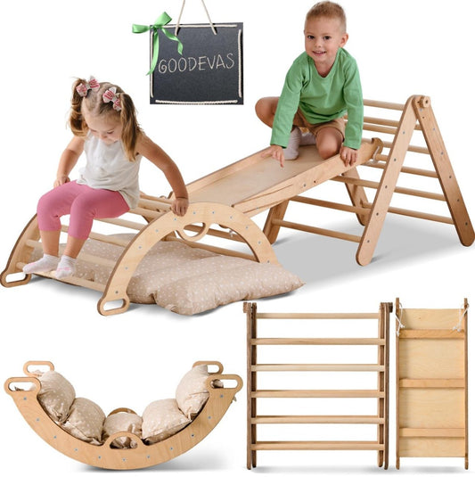 Pikler Triangle Set for Toddlers: Triangle Ladder + Climbing Arch + Slide Board + Cushion