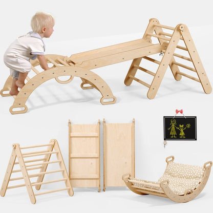 Pikler Triangle Set for Toddlers: Triangle Ladder + Climbing Arch + Slide Board + Cushion