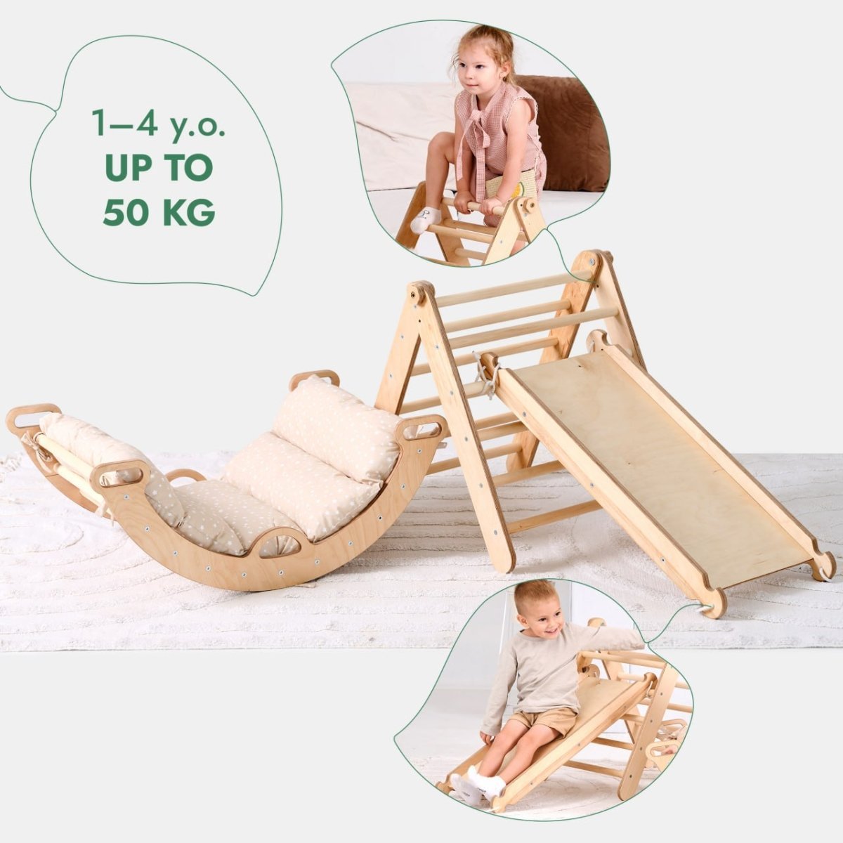 Pikler Triangle Set for Toddlers: Triangle Ladder + Climbing Arch + Slide Board + Cushion