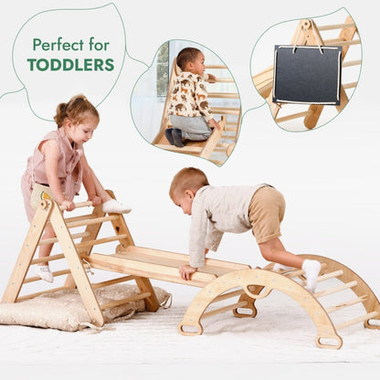Pikler Triangle Set for Toddlers: Triangle Ladder + Climbing Arch + Slide Board + Cushion