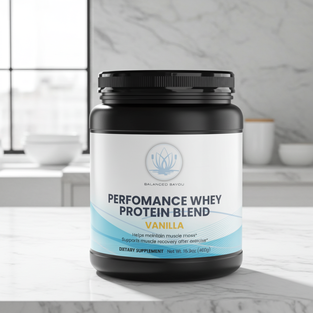 A black plastic tub of Balanced Bayou Performance Whey Protein Blend in Vanilla flavor, featuring a white and light blue label, set against a clean white background.