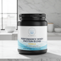 A black plastic tub of Balanced Bayou Performance Whey Protein Blend in Vanilla flavor, featuring a white and light blue label, set against a clean white background.