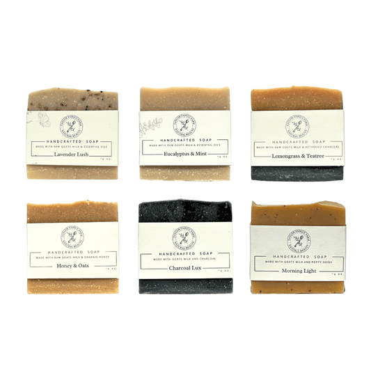 Six bars of handcrafted soap with labels on a white background