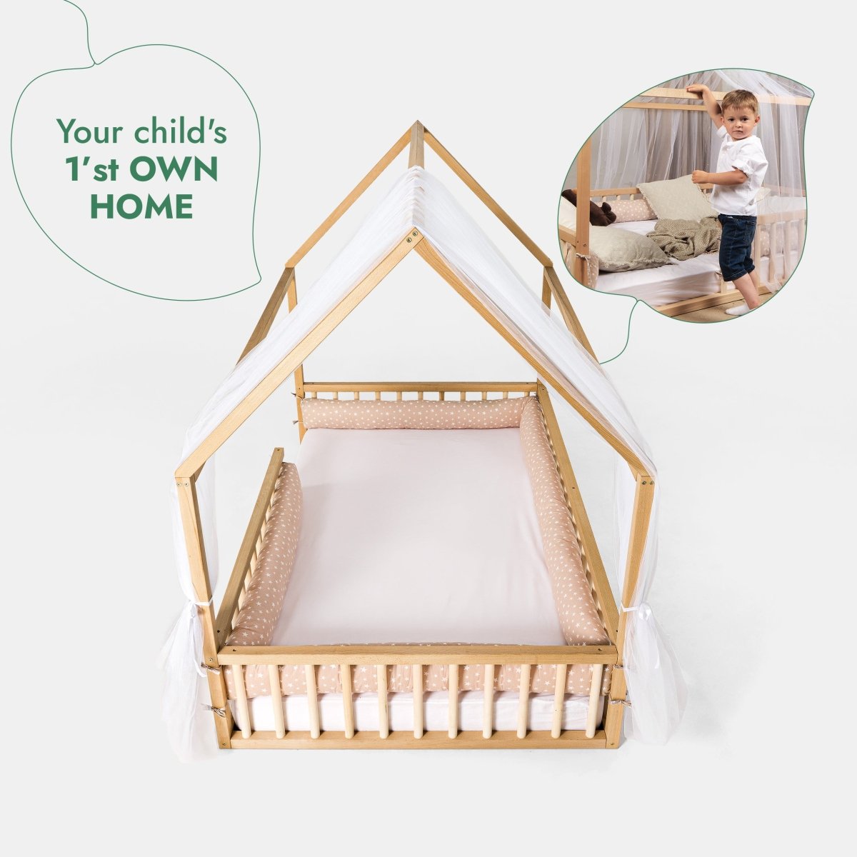 Twin Size Montessori House Bed for Kids with Fence