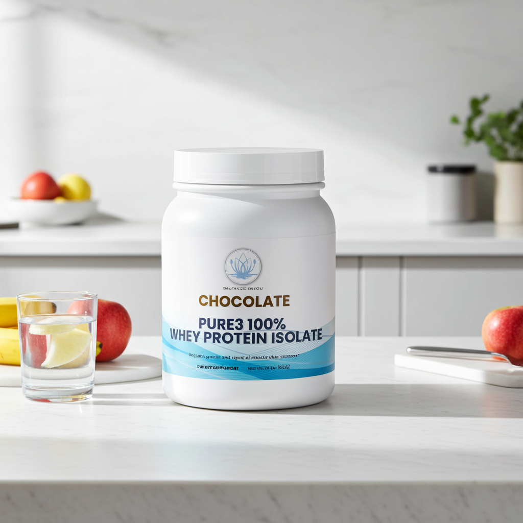 A white tub of Pure Encapsulations Chocolate Purees 100% Whey Protein Isolate stands on a light marble countertop in a bright kitchen setting, with a glass of water, fruit, and a notebook nearby.