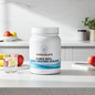 A white tub of Pure Encapsulations Chocolate Purees 100% Whey Protein Isolate stands on a light marble countertop in a bright kitchen setting, with a glass of water, fruit, and a notebook nearby.